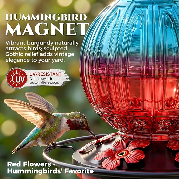 Glass Hummingbird Feeder for Outdoors Hanging, 26Oz Bird Nectar Feeder with Perch & 5 Flower Feeding Ports, Leak Proof for Outside Garden Decor Backyard, Gifts for Women Mom, Blue & Red