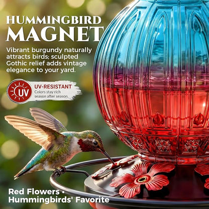 Glass Hummingbird Feeder for Outdoors Hanging, 26Oz Bird Nectar Feeder with Perch & 5 Flower Feeding Ports, Leak Proof for Outside Garden Decor Backyard, Gifts for Women Mom, Blue & Red