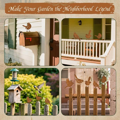 5PCS Rusty Bird Decor, Garden Sculptures and Yard Art, Yard Decorations Outdoor, Metal Bird Wall Decor, Fence Decorations Outdoor, Rustic Garden Decor, Outdoor Statues, Metal Birds Yard Decor