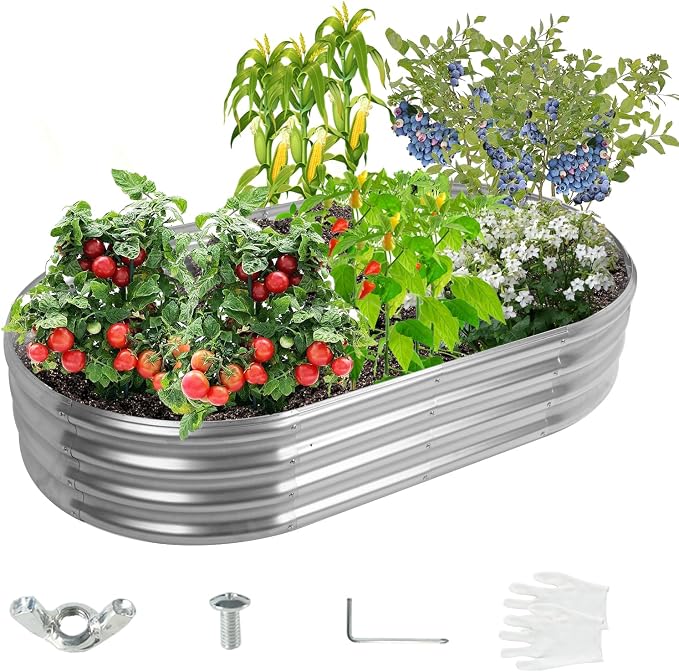 12" Tall Oval-Shaped / Elliptic Metal Raised Garden Bed Outdoor Silver | 60X32X12 Inch,1FT Tall,0.8MM Thick Galvanized Metal Painted,for Variety of Flowers,Herbs,Vegetables.with Gloves,Tool free