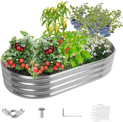 12" Tall Oval-Shaped / Elliptic Metal Raised Garden Bed Outdoor Silver | 60X32X12 Inch,1FT Tall,0.8MM Thick Galvanized Metal Painted,for Variety of Flowers,Herbs,Vegetables.with Gloves,Tool free