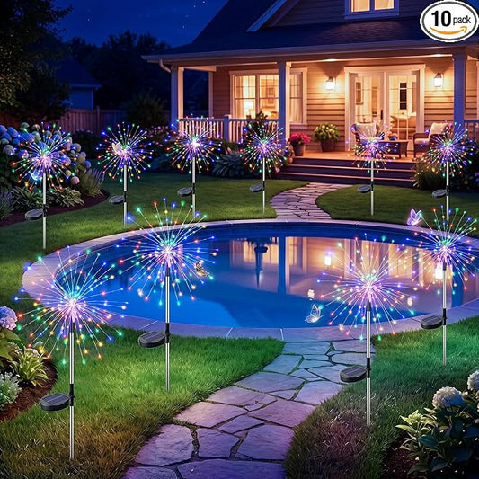 btfarm 10 Pack Solar Garden Lights Outdoor, 8 Modes Firework Lights Solar Powered, Waterproof Twinkle Fairy Light Outside for Yard Patio Pathway Pool Christmas Party Decorative, Multicolor