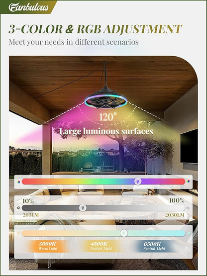 Fanbulous Outdoor RGB Ceiling Fans with Light for Patios, 20" Waterproof Plug in Ceiling Fan, Gazebo Fan Remote&APP Control, 3CCT Dimmable,Caged Ceiling Fan with Hanging Hook for Porch, Pergola
