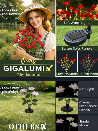 GIGALUMI Solar Lights Outdoor for Garden Decor, 4 Pack Solar Flower Lights Waterproof, 2 Lighting Modes 28 Carnations for Pathway,Yard, Patio Decoration, Gardening Gifts for Women (Red)