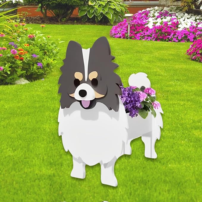 Grey and White Pomeranian Dog Planter Pots, 9.45 x 6.65 x 12.13 in | Dog Flower Pot, Cute Animal Shaped Plant Pot, Gifts for Women & Pet Lovers, Indoor Outdoor Garden Home Office Decor
