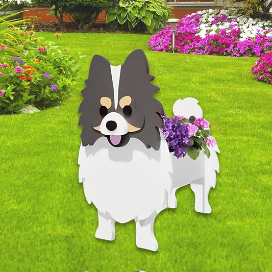 Grey and White Pomeranian Dog Planter Pots, 9.45 x 6.65 x 12.13 in | Dog Flower Pot, Cute Animal Shaped Plant Pot, Gifts for Women & Pet Lovers, Indoor Outdoor Garden Home Office Decor