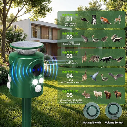 360° Solar Ultrasonic Animal Repeller Outdoor - Deer Cat Squirrel Repellent Devices with Eagle & Wolf Sound, Motion Sensor Bird Raccoon Deterrent, IP66 Waterproof (Deep Green)