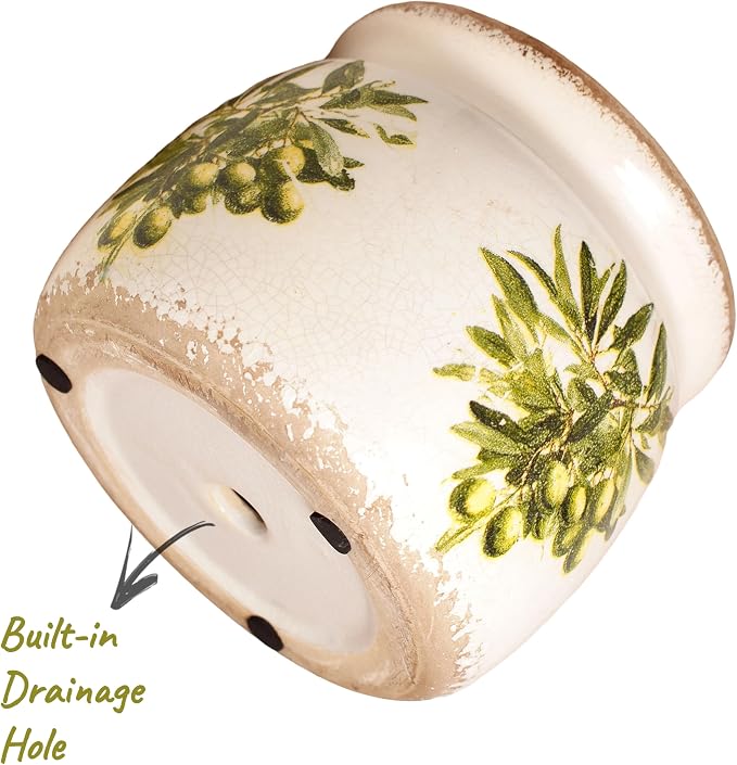 Xiaan Jiaju Mediterranean Ceramic Plant Pots with Olives Branches Pattern, 6.3 Inch Tuscan Planter for Indoor Plants, Rustic Farmhouse Home Kitchen Decor, Tuscan Vase for Centerpiece, Olive Green