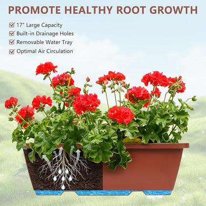 Deck Railing Planter Adjustable Window Box Set of 2 Outdoor Balcony Herb Planter Boxes with Window Plant Hanger, 17 Inch Plastic Hanging Flower Basket Planting Pots for Porch Fence Patio Decor, Red
