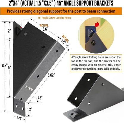2pack 2x4 (Actual 1.5''x3.5'') Degree Angle Support Brackets, For Pergola, Gazebo, Deck Wood Frame Structures Provide Support 45° Degree Angle Bracket