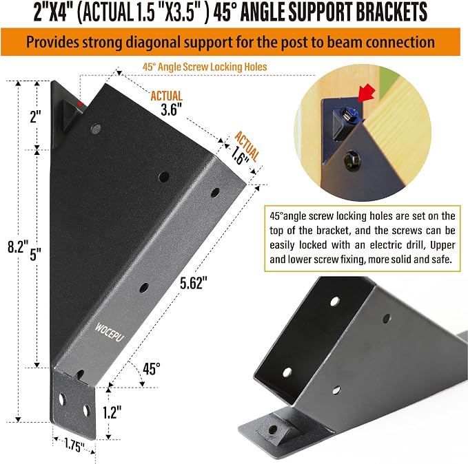 4pack 2x4 (Actual 1.5''x3.5'') Degree Angle Support Brackets, For Pergola, Gazebo, Deck Wood Frame Structures Provide Support 45° Degree Angle Bracket