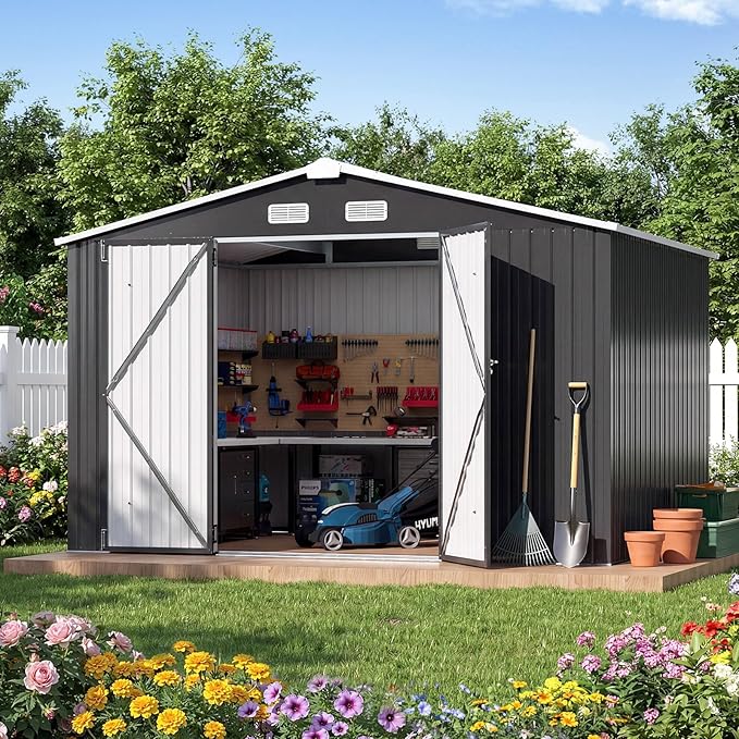 10x8FT Outdoor Storage Shed Black | Metal Garden Tool Shed with Sloping Roof & Lockable Door for Garden, Patio, Backyard