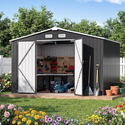 10x8FT Outdoor Storage Shed Black | Metal Garden Tool Shed with Sloping Roof & Lockable Door for Garden, Patio, Backyard