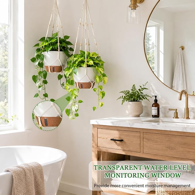 10 Inch Self Watering Hanging Planters, 2 Pack, Visible Water Window | Drainage Holes, Cotton-wick Reservoir, Metal Chain & Macrame Plant Hangers for Indoor & Outdoor Plants