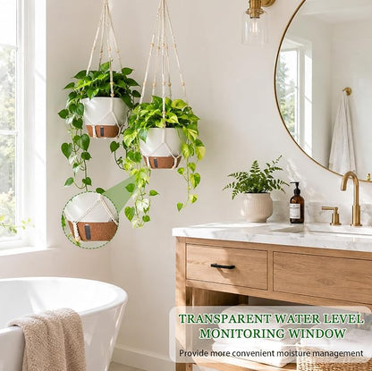 10 Inch Self Watering Hanging Planters, 2 Pack, Visible Water Window | Drainage Holes, Cotton-wick Reservoir, Metal Chain & Macrame Plant Hangers for Indoor & Outdoor Plants