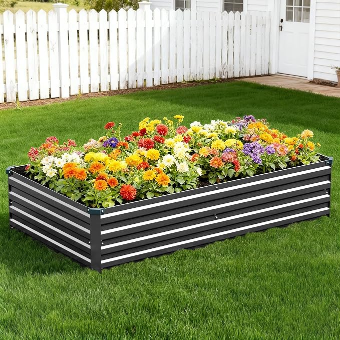 Vengarus 2PCS 12x4x1ft Galvanized Raised Garden Beds Kit,Planter Box Black | Galvanized Steel, Rectangular Metal Planter Raised Beds, Vegetables, Herbs, Flowers, Easy Assembly, Rustproof Safe Backyard