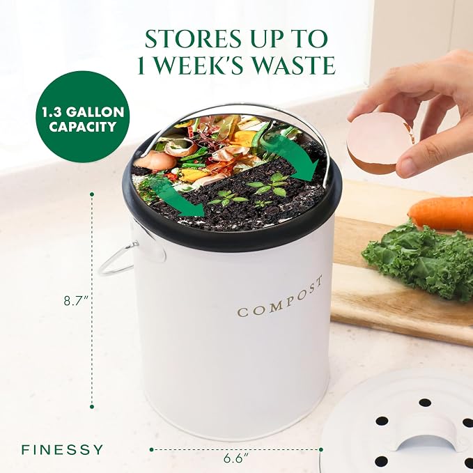 White 1.3 Gallon Indoor Compost Bin Kitchen Odorless with Lid for Composting Food Waste Bucket for Counters, Stainless Steel Kitchen Compost Bin Countertop Trash Can Scrap Container Composter Caddy