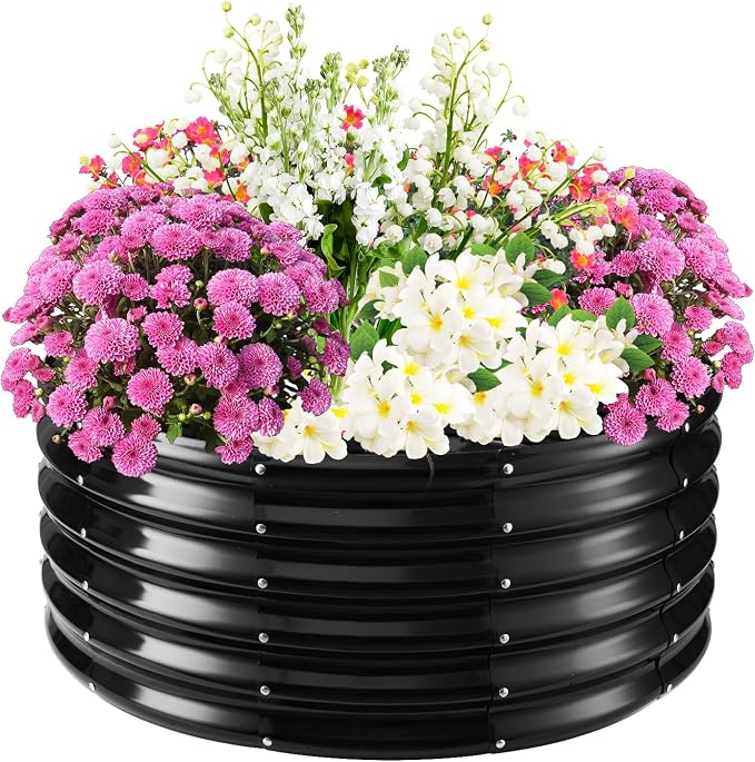 TBMLC 17" Tall Elevated Round Metal Rised Garden Bed- 3.3'x3.3' in Size and 0.8MM Thick Durable Planter Box for Vegetables Flowers Succulent at Patio/Garden Outdoor (Black, 3.3FT Diameter)