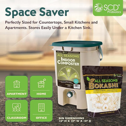 All Seasons Indoor Composter Starter Kit - Two Family-Sized Composting Bins for Kitchen Countertop and Bokashi Bran Starter 5 lb (2 gallons), Easily Compost Food After Every Meal, Odor Free
