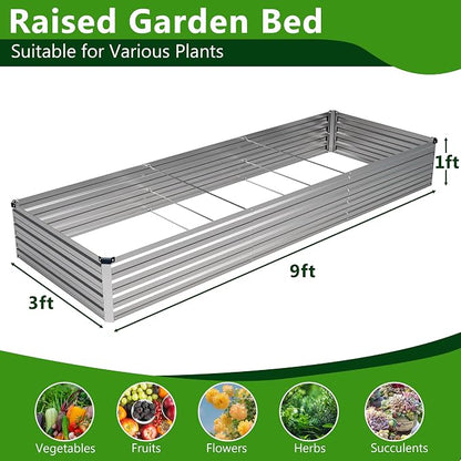 2PCS 9x3x1ft Galvanized Raised Garden Bed Kit,Metal Planter Box for Vegetables,Flowers,Herbs Durable Rust-Resistant Patio Gardening Beds,Silver