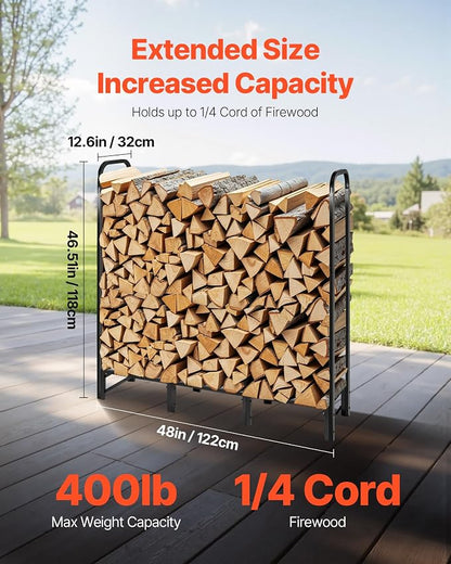 VEVOR Firewood Rack with Waterproof Cover, 4 ft Outdoor Firewood Holder, 1/4 Cord Storage Metal Log Holder, 400lb Max Weight Capacity, Top Covered, Powder-Coated Wood Storage Rack for Fireplace Deck