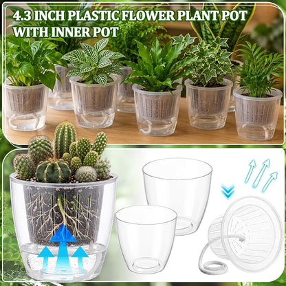 54 Pcs Self Watering Pots 4.3 Inch Plastic Flower Plant Pot with Inner Pot Self Watering Wick Planter White Clear Flower Pots for Indoor House Plants Herbs, Flowers, Succulents (Transparent)