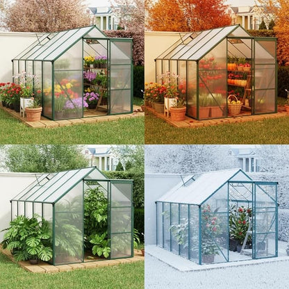 6x8 FT Greenhouse, Walk-in Polycarbonate Greenhouses with Sliding Doors, Aluminum Frame, Adjustable Roof Vent, Raised Base & Anchor, Outdoor Backyard Greenhouse for All Seasons, Green