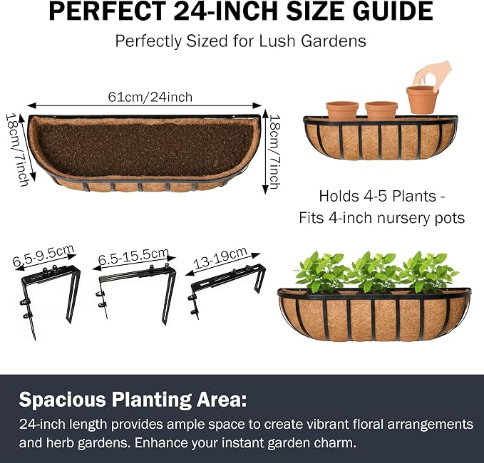 24“ Window Box Railing Planter with Coco Liner Metal Wall-Mounted Coconut Liner Planter Basket English Horse Trough Planters for Outdoor Deck Balcony Porch Fence Patio Black (4 Pack)