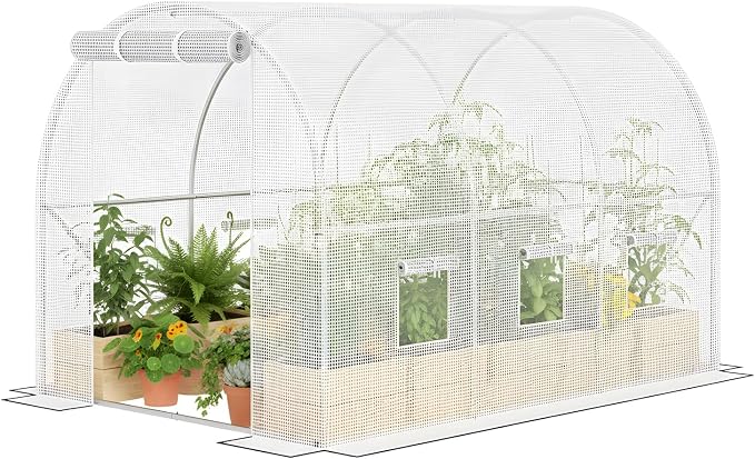 Superlele Heavy Duty Walk-in Greenhouse for Outdoor, 10x6.6x6.6FT Large Garden Green House with Reinforced PE Mesh Cover, 6 Roll-up Windows with Screen, 8 Ground Stakes and Ropes, White