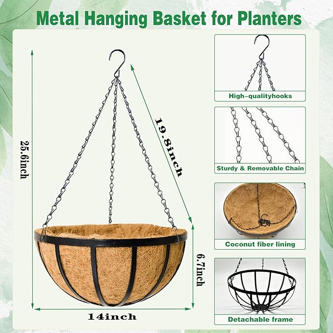 4 Pack 14 Inch Hanging Planters for Outdoor Plants Metal Hanging Planter Basket with Coco Coir Liner Round Plant Black Flat Iron Metal Flower Pots for Deck Patio Porch Garden Balcony