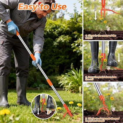 Weed Puller Tool - Stand Up Weed Remover Tool with 4-Claw Steel Head, 50" Adjustable Stainless Steel Handle Weeder Tool, Easily Remove Weeds Without Kneeling