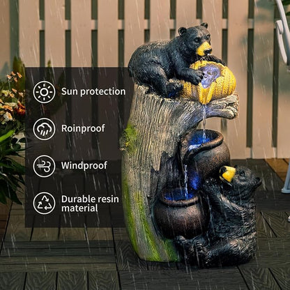 23.6'' Bear Outdoor Water Fountain with LED Lights, Cascading Resin Garden Waterfall Fountain with Pump, Cute Animal Water Feature for Patio Yard Backyard Balcony Decor