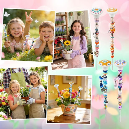 178 Pcs DIY Beaded Garden Stakes Kit with Cartoon Stoppers | Garden stakes kit with beads colorful crystal stoppers DIY fairy wands, garden decor, outdoor crafts