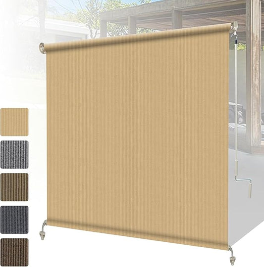 Shade&Beyond Outdoor Roller Shades with Splicing Design, 8' W x 8' H Cordless Patio Roll Up Blinds, Exterior Shade Cloth Roll for Porch, Gazebo, Pergola, Balcony, Wheat