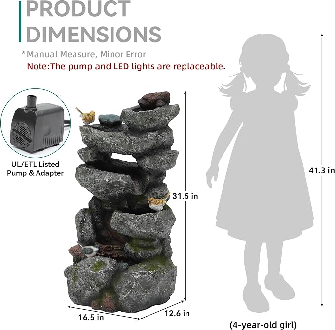 31.5" Multi-Tier Rock Outdoor Water Fountain with LED Lights, Cascading Waterfall with Birds for Garden Patio Porch, Weather-Resistant Resin Water Feature for Tranquil Oasis
