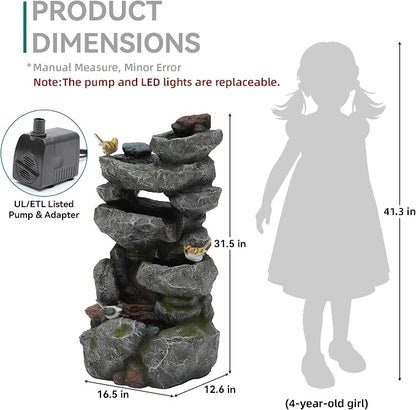 31.5" Multi-Tier Rock Outdoor Water Fountain with LED Lights, Cascading Waterfall with Birds for Garden Patio Porch, Weather-Resistant Resin Water Feature for Tranquil Oasis