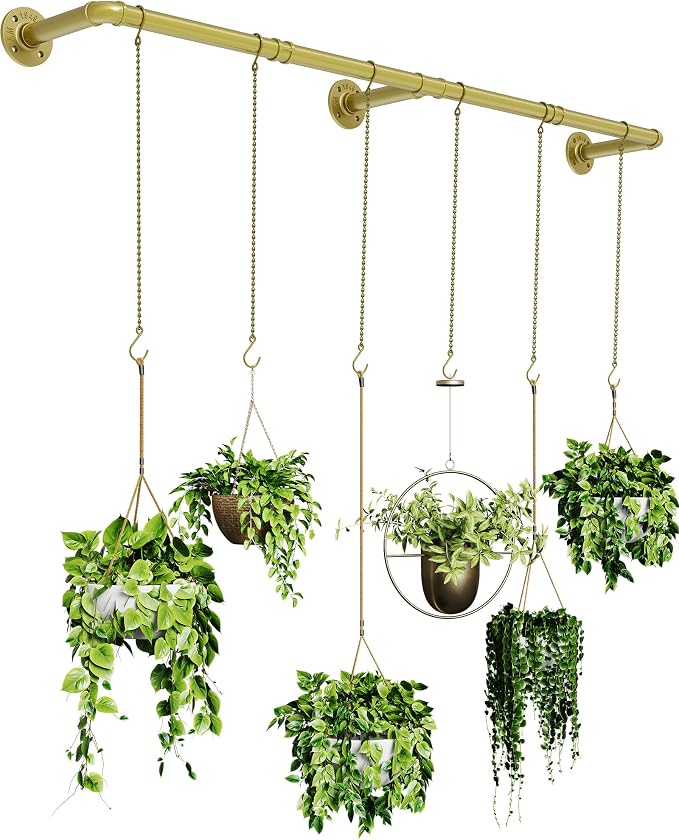 SOFITORG 65.7" Metal Plant Hanging Rod with 6 Chains, Pots Not Included | Wall Plant Hanging Bar, Durable Hanging planter holder for Window Ceiling, Easy Assembly, All Hardware Included, Gold