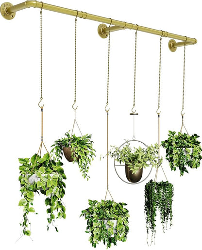 SOFITORG 65.7" Metal Plant Hanging Rod with 6 Chains, Pots Not Included | Wall Plant Hanging Bar, Durable Hanging planter holder for Window Ceiling, Easy Assembly, All Hardware Included, Gold