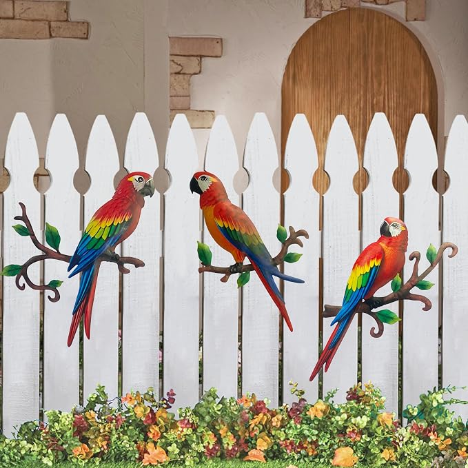 Limygus 3 Pack Colorful Tropical Metal Parrot Wall Art, Indoor Outdoor Hanging Decor for Garden Yard Balcony Bedroom
