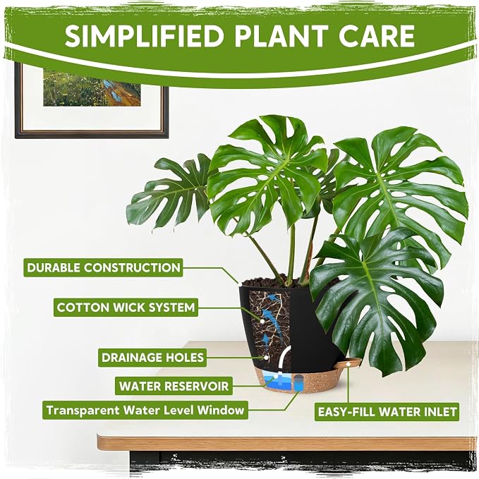 8 Inch Self Watering Pots for Indoor Plants, Plastic Planters with Deep Reservoir & Drainage Holes, Flower Pots for Monstera, Snake Plant & Peace Lily, Worry-Free Vacation Care (Black, 8 inch)