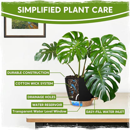 8 Inch Self Watering Pots for Indoor Plants, Plastic Planters with Deep Reservoir & Drainage Holes, Flower Pots for Monstera, Snake Plant & Peace Lily, Worry-Free Vacation Care (Black, 8 inch)