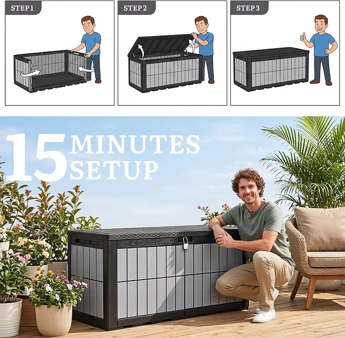 YITAHOME 134 Gallon Large Deck Box | Waterproof Resin Outdoor Storage Box with Lock, Doubles as Bench Seating for Patio Furniture Cushions,Garden Tools & Pool