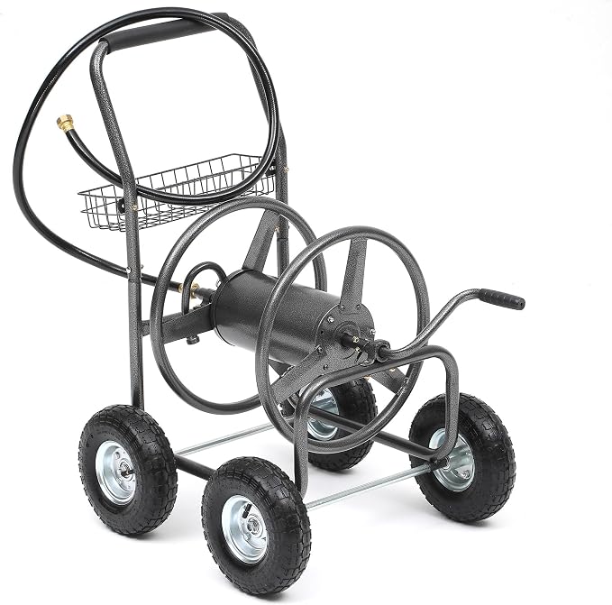 Hose Reel Cart, Holds 250 ft of 5/8" Hose, Heavy Duty Industrial Garden Water Hose Reel with 4 Wheels, Storage Basket, Powder-Coated Steel Frame for Lawn, Yard, Garden, Outdoor