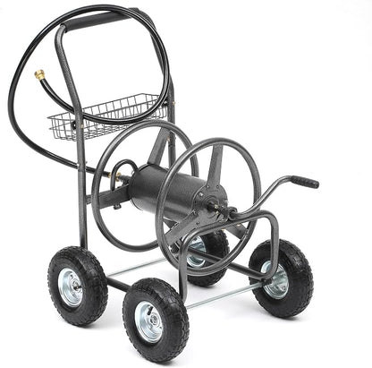 Hose Reel Cart, Holds 250 ft of 5/8" Hose, Heavy Duty Industrial Garden Water Hose Reel with 4 Wheels, Storage Basket, Powder-Coated Steel Frame for Lawn, Yard, Garden, Outdoor