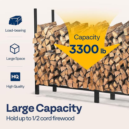 VIVOHOME Upgraded Heavy Duty 8 ft 1/2 Cord Firewood Rack Outdoor with Cover Combo Set, Thick Steel Log Holder Up to 3300 lb, Fire Wood Pile Storage Stand Organizer Black