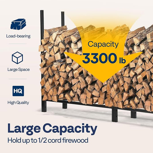VIVOHOME Upgraded Heavy Duty 8 ft 1/2 Cord Firewood Rack Outdoor with Cover Combo Set, Thick Steel Log Holder Up to 3300 lb, Fire Wood Pile Storage Stand Organizer Black