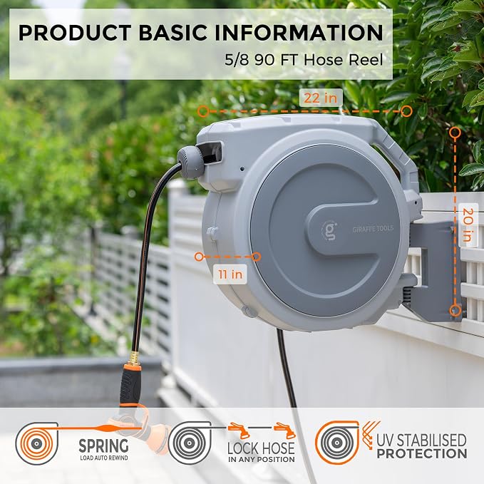 Giraffe Tools Retractable Garden Hose Reel, 5/8 in x 90 ft Heavy Duty Hose Reel With 7 Pattern Nozzle, Any Length Lock, Wall Mount Water Hose Reel, 180°Swivel, Light Grey