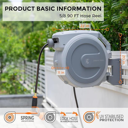 Giraffe Tools Retractable Garden Hose Reel, 5/8 in x 90 ft Heavy Duty Hose Reel With 7 Pattern Nozzle, Any Length Lock, Wall Mount Water Hose Reel, 180°Swivel, Light Grey