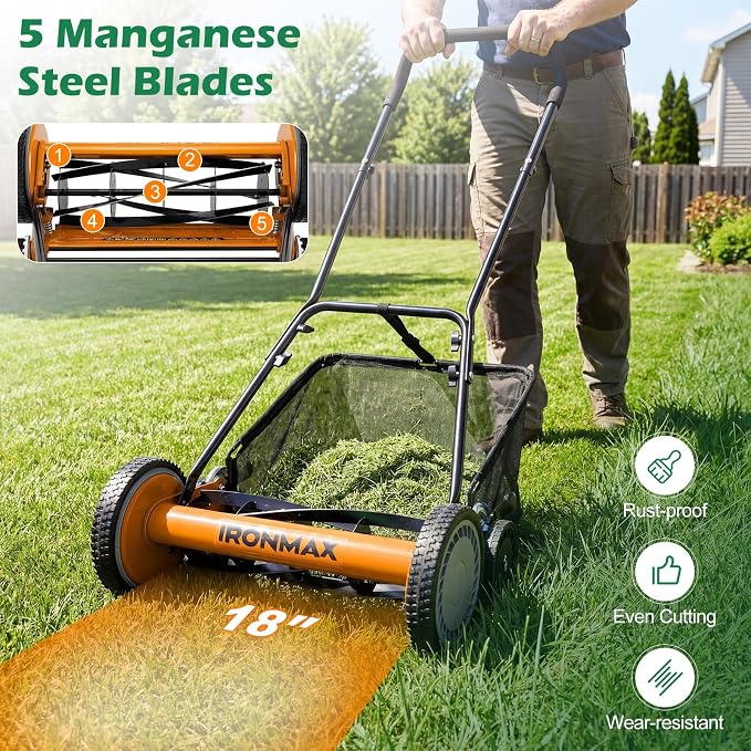 IRONMAX 18 Inch 5-Blade Push Reel Lawn Mower, 9-Level Adjustable Cutting Heights, Removable Grass Catcher, Lightweight No Motor Walk-Behind Manual Grass Cutter for Garden Yard Park (Orange, 18 Inch)