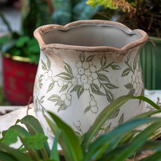 Dosayes Rustic Ceramic Planter, 6 Inch Tuscan Vintage Flower Pot with Drainage, Farmhouse Garden Pot for Indoor Plants, Kitchen & Garden Tuscan Decor, Plant Lover Gift (Light Green)